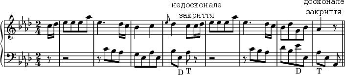 
\version "2.14.2"
\header {
  tagline = ##f
}
upper = \relative c'' {
  \clef treble   \key as \major   \time 2/4   \tempo 4 = 120
\set Timing.beamExceptions = #'()
\set Timing.baseMoment = #(ly:make-moment 1/2)
\set Timing.beatStructure = #'(1)

\partial 8 c16 des es8 es es as es4. des16 c bes4 c \grace {es8} des4^\markup { \center-column {недосконале закриття}} c8 c16 des es8 es es as es4. des16 c bes8 des g, bes^\markup { \center-column {досконале закриття}} as4 r8 \bar "||"

}
lower = \relative c' {
  \clef bass
  \key as \major
\partial 8 r8 r2 r8 c bes as g es as es bes' es,_"D" as_"T"\noBeam r r2 r8 c bes as des bes es_"D" es, as_"T" [es] as,
}

\score {
  \new PianoStaff <<
    \new Staff = "upper" \upper
    \new Staff = "lower" \lower
  >>
  \layout {
    \context {
      \Score
      \remove "Metronome_mark_engraver"
    }
  }
  \midi { }
}
