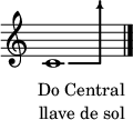 {
  \override TextScript #'outside-staff-priority = ##f
  \override Staff.TimeSignature #'stencil = ##f
  \override TextScript #'extra-offset = #'(-1 . 7.5)
  \textLengthOff
  c'1_\markup {
    \translate #'(4 . 0)
    \combine
      \path #0.25 #'((moveto 0 0)
        (lineto 4 0)
        (lineto 4 8))
      \translate #'(4 . 8)
      \arrow-head #1 #1 ##t
  }_\markup {
    \lower #12
    \center-column {"Do Central" "llave de sol"}
    }
  \bar "|."
}