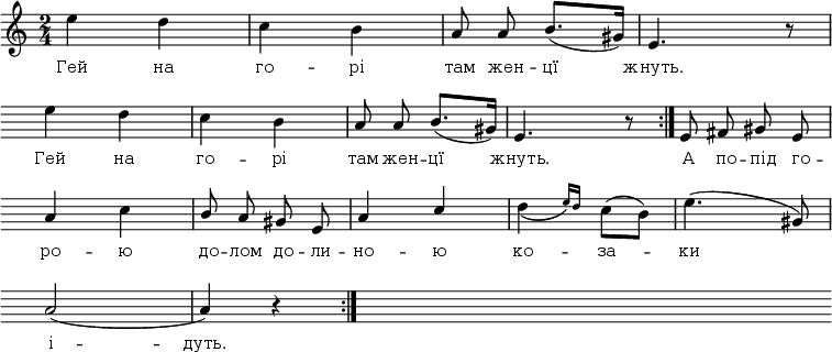 
\new Staff {
<<
\relative c'' {
 \set Score.proportionalNotationDuration = #(ly:make-moment 1/16)
 \omit Score.BarNumber
 \autoBeamOff
 \hide Score.MetronomeMark
 \time 2/4
 \tempo 4 = 115
e4 d | c b | a8 a b8.([gis16]) | e4. r8 \break
% 2
\hide Score.Clef
e'4 d | c b | a8 a b8.([gis16]) | e4. r8 \bar ":|." e8 fis gis e \break
% 3
a4 c | \stemUp b8 a gis e | a4 c \stemNeutral | \phrasingSlurDown \afterGrace d4\( {e16\)[d]} c8([b]) | e4.(gis,8) \break
% 4
a2(a4) r4 \bar ":|." s2 \hide Score.BarLine s2 s2 }

\new Lyrics \lyricmode {
 \override LyricText.font-size = #0
Гей4 на го -- рі там8 жен -- цї4 жнуть.2
Гей4 на го -- рі там8 жен -- цї4 жнуть.2 А8 по -- під го --
ро4 -- ю до8 -- лом до -- ли -- но4 -- ю ко -- за -- ки2 і2 -- дуть.2
}
>>
}
