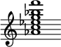 {
  % Rivin lopun pystyviiva ja tahtiosoitus piiloon.
  \override Score.BarLine.break-visibility = ##(#f #t #t)
  \override Staff.TimeSignature #'stencil = ##f
  
  <aes' c'' ees'' g'' bes'' f'''>1
}
