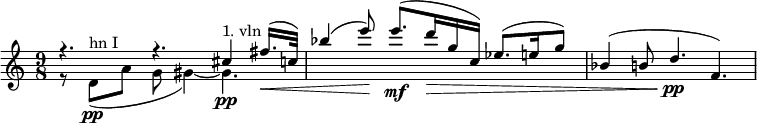 
\relative c {

\set Score.tempoHideNote = ##t \tempo 8 = 140
\time 9/8
  \override TupletBracket #'stencil = ##f
  \override Score.BarNumber #'stencil = ##f
  \key c\major 
<<{r4. r \set Staff.midiInstrument = #"string ensemble 2"  cis''4\pp^"1. vln" fis16.(\< c32)}
 \\
{r8 \set Staff.midiInstrument = #"french horn" d,8(\pp^"hn I" a' g gis4~) gis4.}>>|
<<{bes'4( e8)\! e8.(\mf d16\> g, c,) es8.( e16 g8)}
\\
{}>>|
<<{bes,4( b8 d4.\pp f,)}
\\
{}>>
}
