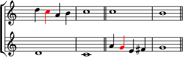 
\new ChoirStaff <<
   \new Staff <<
    \set Score.tempoHideNote = ##t
    \tempo 2 = 92
    \override Staff.TimeSignature.transparent = ##t
         \relative c''
         { d \tweak NoteHead.color #red \tweak Stem.color #red c a b c1 \bar "||" c b \bar "||" }
          >>
    \new Staff <<
           \override Staff.TimeSignature.transparent = ##t
              \relative c' { d1 c a'4 \tweak NoteHead.color #red \tweak Stem.color #red g e fis g1 }
     >>
 >>
