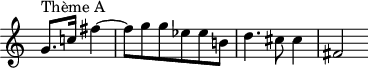 
\version "2.14.2"
\header {
  tagline = ##f
}

\score {
  \new Staff \with {
    \remove "Time_signature_engraver"

  }
  \relative c'' {
    \key c \major
    \time 3/4
    \tempo 4 = 82
    %\autoBeamOff
    \clef treble
    \override Rest #'style = #'classical
  % thème A
  { \partial 2
   g8.^"Thème A" c!16 fis4~ | fis8 g g ees ees b! | d4. cis8 cis4 | fis,2 }

  }
  \layout {
    \context {
      \Score
      \remove "Metronome_mark_engraver"

    }
  }
  \midi {}
}
