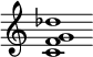 {
  % Rivin lopun pystyviiva ja tahtiosoitus piiloon.
  \override Score.BarLine.break-visibility = ##(#f #t #t)
  \override Staff.TimeSignature #'stencil = ##f
  
  <c' f' g' des''>1
}
