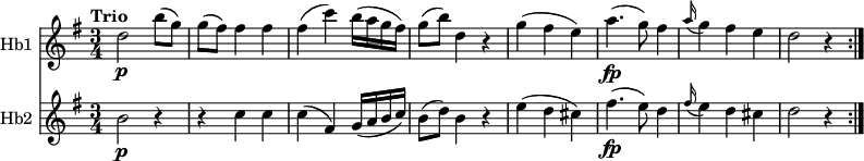 
<< 
\new Staff \with { instrumentName = #"Hb1 "}  
  \relative c'' {
     \key g \major
     \tempo "Trio"
     \time 3/4
    d2 \p  b'8 (g)
    g (fis) fis4 fis 
    fis (c') b16 (a g fis)
    g8 (b) d,4 r4
    g (fis e)
    a4.\fp (g8) fis4
    \grace a16 (g4) fis e
    d2 r4 \bar ":|." 
  }
\new Staff \with { instrumentName = #"Hb2 "}
  \relative c'' {
    \key g \major
    \time 3/4
   b2\p r4
   r4 c c
   c (fis,) g16 (a b c)
   b8 (d) b4 r4
    e4 (d cis) 
    fis4.\fp (e8) d4
     \grace fis16 (e4) d cis
    d2 r4 \bar ":|."
  }
>>
