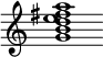 {
  % Rivin lopun pystyviiva ja tahtiosoitus piiloon.
  \override Score.BarLine.break-visibility = ##(#f #t #t)
  \override Staff.TimeSignature #'stencil = ##f
  
  <g' b' d'' e'' fis'' a''>1
}
