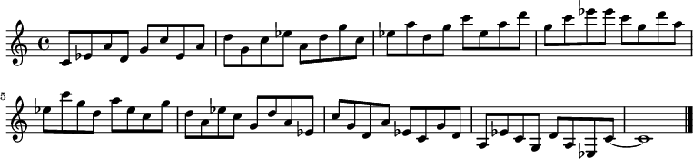 
{

\modalTranspose c c' { c d ees g a } { c8 ees a } 
\modalTranspose c d' { c d ees g a } { c ees a } 
\modalTranspose c ees' { c d ees g a } { c ees a } 
\modalTranspose c g' { c d ees g a } { c ees a } 
\modalTranspose c a' { c d ees g a } { c ees a } 
\modalTranspose c c'' { c d ees g a } { c ees a } 
\modalTranspose c d'' { c d ees g a } { c ees a } 
\modalTranspose c ees'' { c d ees g a } { c ees a } 
\modalTranspose c g'' { c d ees g a } { c ees a } 

\modalInversion c ees''' { c d ees g a } { c ees a } 
\modalInversion c d''' { c d ees g a } { c ees a } 
\modalInversion c c''' { c d ees g a } { c ees a } 
\modalInversion c a'' { c d ees g a } { c ees a } 
\modalInversion c g'' { c d ees g a } { c ees a } 
\modalInversion c ees'' { c d ees g a } { c ees a } 
\modalInversion c d'' { c d ees g a } { c ees a } 
\modalInversion c c'' { c d ees g a } { c ees a } 
\modalInversion c a' { c d ees g a } { c ees a } 
\modalInversion c g' { c d ees g a } { c ees a } 
\modalInversion c ees' { c d ees g a } { c ees a } 
\modalInversion c d' { c d ees g a } { c ees a } 

c'8~ c'1

\bar "|."
}
