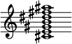 {
  % Rivin lopun pystyviiva ja tahtiosoitus piiloon.
  \override Score.BarLine.break-visibility = ##(#f #t #t)
  \override Staff.TimeSignature #'stencil = ##f
  
  <cis' e' gis' b' dis'' fis'' ais''>1
}
