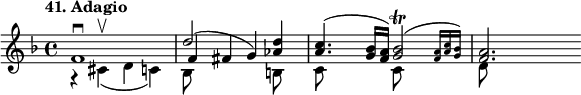 
%etude41
\relative f'
{
\time 4/4 
\tempo "41. Adagio"
\key f \major
<<
{  f1 \downbow | d'2 (g,4) <d' aes>4 | <a c>4. (<g bes>16 <f a>) \afterGrace <g bes>2 \trill _\trill ({ <f a>16 [<a c> <g bes>)]} <f a>2. }
\\
{ r4 cis ^\upbow (d c) | bes8 s s2 b8 s8 | c8 s s4 c8 s s4 | d8}
\\
{ s1 | f4 fis  }
>>
}
