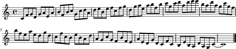 
{

\modalTranspose c c' { c d e f g a b } { c8 f g } 
\modalTranspose c d' { c d e f g a b } { c f g } 
\modalTranspose c e' { c d e f g a b } { c f g } 
\modalTranspose c f' { c d e f g a b } { c f g } 
\modalTranspose c g' { c d e f g a b } { c f g } 
\modalTranspose c a' { c d e f g a b } { c f g } 
\modalTranspose c b' { c d e f g a b } { c f g } 
\modalTranspose c c'' { c d e f g a b } { c f g } 
\modalTranspose c d'' { c d e f g a b } { c f g } 
\modalTranspose c e'' { c d e f g a b } { c f g } 
\modalTranspose c f'' { c d e f g a b } { c f g } 
\modalTranspose c g'' { c d e f g a b } { c f g } 
\modalTranspose c a'' { c d e f g a b } { c f g } 

\modalInversion c e''' { c d e f g a b } { c f g } 
\modalInversion c d''' { c d e f g a b } { c f g } 
\modalInversion c c''' { c d e f g a b } { c f g } 
\modalInversion c b'' { c d e f g a b } { c f g } 
\modalInversion c a'' { c d e f g a b } { c f g } 
\modalInversion c g'' { c d e f g a b } { c f g } 
\modalInversion c f'' { c d e f g a b } { c f g } 
\modalInversion c e'' { c d e f g a b } { c f g } 
\modalInversion c d'' { c d e f g a b } { c f g } 
\modalInversion c c'' { c d e f g a b } { c f g } 
\modalInversion c b' { c d e f g a b } { c f g } 
\modalInversion c a' { c d e f g a b } { c f g } 
\modalInversion c g' { c d e f g a b } { c f g } 
\modalInversion c f' { c d e f g a b } { c f g } 
\modalInversion c e' { c d e f g a b } { c f g } 
\modalInversion c d' { c d e f g a b } { c f g } 

c'~ c'1

\bar "|."
}
