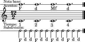 <<
     \new DrumStaff \with {
     \override VerticalAxisGroup #'default-staff-staff-spacing =
       #'((basic-distance . 3.5)
         (padding . .25))
     } {
       \override Score.SpacingSpanner #'base-shortest-duration = #(ly:make-moment 1 2)
       \override Score.SystemStartBar #'stencil = ##f
       \override Staff.StaffSymbol #'line-count = #1
       \override Staff.Clef #'stencil = ##f
       \override Staff.TimeSignature #'stencil = ##f
       \once \override Score.RehearsalMark #'extra-offset = #'(0 . -13)
       \mark \markup \tiny { \right-align
                             \column {
                               \line {"Nota base:"}
                               \line {"Acentos:"}
                               \line {\lower #7 "Tiempo:"}
                               \line {"Subdivision:"}
                             }
       }
       \stemUp
       c1._"F" c_"d" c_"Mf" c_"d"
     }
     \new Staff \with {
       \override VerticalAxisGroup #'default-staff-staff-spacing =
         #'((basic-distance . 3.5)
           (padding . 1.5))
     } {
       <<
         \relative c' {
           \time 12/2
           c1. c c c
           \bar "|."
         }
         \new Voice {
           \override TextScript #'staff-padding = #2
           s1._"1" s_"2" s_"3" s_"4"
         }
       >>
     }
     \new DrumStaff {
       \override Staff.StaffSymbol #'line-count = #1
       \override Staff.Clef #'stencil = ##f
       \override Staff.TimeSignature #'stencil = ##f
       \stemDown
       \repeat unfold 4 {c2_"F" c_"d" c_"d"}
     }
   >>