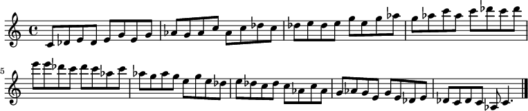 
{

\modalTranspose c c' { c des e g aes } { c8 des e } 
\modalTranspose c des' { c des e g aes } { c des e } 
\modalTranspose c e' { c des e g aes } { c des e } 
\modalTranspose c g' { c des e g aes } { c des e } 
\modalTranspose c aes' { c des e g aes } { c des e } 
\modalTranspose c c'' { c des e g aes } { c des e } 
\modalTranspose c des'' { c des e g aes } { c des e } 
\modalTranspose c e'' { c des e g aes } { c des e } 
\modalTranspose c g'' { c des e g aes } { c des e } 
\modalTranspose c aes'' { c des e g aes } { c des e } 
\modalTranspose c c''' { c des e g aes } { c des e } 

\modalInversion c e''' { c des e g aes } { c des e } 
\modalInversion c des''' { c des e g aes } { c des e } 
\modalInversion c c''' { c des e g aes } { c des e } 
\modalInversion c aes'' { c des e g aes } { c des e } 
\modalInversion c g'' { c des e g aes } { c des e } 
\modalInversion c e'' { c des e g aes } { c des e } 
\modalInversion c des'' { c des e g aes } { c des e } 
\modalInversion c c'' { c des e g aes } { c des e } 
\modalInversion c aes' { c des e g aes } { c des e } 
\modalInversion c g' { c des e g aes } { c des e } 
\modalInversion c e' { c des e g aes } { c des e } 
\modalInversion c des' { c des e g aes } { c des e } 

c'4.

\bar "|."
}
