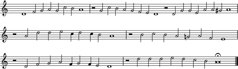 
{ \key c \major 
\time 72/2
\set Score.tempoHideNote = ##t
\tempo 2=100
\set Staff.midiInstrument = "english horn"
\override Score.TimeSignature #'transparent = ##t
\override Score.BarNumber  #'transparent = ##t
 d'1 f'2 g' a' g' c'' b' a'1 \bar "|"  r2 g' c'' b' a' g' f' e' d'1 \bar ":|" r2  d' g' g' e' a' a' gis' a'1 \bar "|" r2
 a' d'' d'' e''  c''4 d''2 c''4 b'2 a'1 \bar "|" r2 b' c'' b' a' g' a' f' e'1  \bar "|" r2 d' f' g' a' f'4 g'2 f'4 e'2 d'1 \bar "|"
r2 d'' d'' d'' e'' d'' c'' b' a'\breve\fermata \bar "|."}
