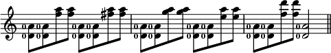 
\relative c' {
  \override Staff.TimeSignature #'stencil = ##f
  \set fingeringOrientations = #'(left)
  <d-0 a'-0>8 <d-0 a'-0> <f' a> <f a> <d,-0 a'-0> <d-0 a'-0> <fis' a> <fis a>
  <d,-0 a'-0> <d-0 a'-0> <g' a> <g a> <d,-0 a'-0> <d-0 a'-0> <e' a> <e a>
  <d,-0 a'-0> <d-0 a'-0> <f' d'> <f d'> <d,-0 a'-0>2 \bar "||"
}
