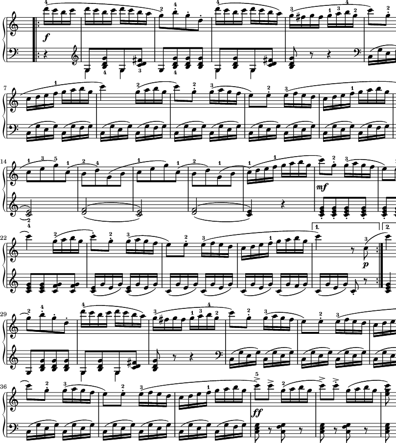 
sVarB = { r4 \clef "violin" | << { \voiceOne g'8[<b d g>_4 g <c d fis>_3] } \new Voice { \voiceTwo g4 g } >> | \oneVoice g8[<b d g>_4 <b d g> <b d g>] | << { \voiceOne g8[<b d g> g <c d fis>] } \new Voice { \voiceTwo g4 g } >> | \oneVoice <b d g>8 r r4 \clef "bass" | c,16([g' e g]) c,([g' e g]) | c,16([g' e g]) c,([g' e g]) | c,16([g' e g]) c,([g' f g]) | c,16([g' e g]) c,([g' f g]) | c,16([g' e g]) c,([g' e g]) | c,16([g' e g]) c,([g' e g]) | c,16([g' e g]) c,([g' f g]) | <c, e g>4 r \clef "violin" | \set doubleSlurs = ##t <d' f>2_1_3( | <c e>_2_4) | <d f>( | <c e>) | <d f>( | <c e>4) r \set doubleSlurs = ##f | <c e g>8_.[<c e g>_. <c e g>_. <c e g>_.] | <c e g>_.[<c e g>_. <c e g>_. <c e g>_.] | <c e g>_.[<c e g>_. <c f g>_. <c f g>_.] | 
<c e g>[<c e g> <c f g> <c f g>] | <c e>16([g' e g]) <c, e>([g' e g]) | c,([g' e g]) c,([g' e g]) | c,([g' e g]) c,([g' f g]) | c,([g' e g]) c,8_. r | <c e g>4 r | 
<< { \voiceOne g8[<b d g>_4 g <c d fis>_3] } \new Voice { \voiceTwo g4 g } >> | \oneVoice g8[<b d g> <b d g> <b d g>] | << { \voiceOne g8[<b d g> g <c d fis>] } \new Voice { \voiceTwo g4 g } >> | \oneVoice <b d g>8 r r4 \clef "bass" | c,16([g' e g]) c,([g' e g]) | c,16([g' e g]) c,([g' e g]) | c,16([g' e g]) c,([g' f g]) | c,16([g' e g]) c,([g' f g]) | c,16([g' e g]) c,([g' e g]) | c,16([g' e g]) c,([g' e g]) | c,16([g' e g]) c,([g' f g]) | <c, e g>8 r <c f g> r | <c e g>8 r <c f g> r | <c e g>8 r <c e g> r | <c e g>4 << { \voiceOne \crossStaff { \autoBeamOff g'8 g | <e g>4 } } \new Voice { \voiceTwo c8_1[c] | c,4 } >> }

sVarA = { \bar ".|:" \repeat volta 2 { d16-4(\f[c b c] | d[c b c] d([c b a] | g8-2)[b-.-4 g-. d-.] d'16-4([c b c] d[c b a]) | g-3([fis g fis] g-1[a-3 b-4 g-2] | c8)[g-.-2] g16-3([a g f] | e8)[e-.-2] e16-3([f e d] | 
c[d e f-1] g[a b g] | c4) g16-2([a b g] | c8)[g-.-2] g16-3([a g f] | e8)[e-.-2] e16-3([f e d] | c[d e f-1] g[a b g] | c4) } r8 c,8-3\p( \repeat volta 2 { \bar ".|:" b[d)g,-1(b-2] | c-1[e-3 g-5)c,-1]( b-2[d-4)g,(b] | c-1[e g)c,-1]( | b-2[d)g,-1(b] | c16-1)([d e f-1] g[a b g] | c8)\mf[g-.-2] g16-3([a g f] | e8)[e-.-2] e16([f e d] | c[d e f-1] g[a b g] |
c4) g16-2([a b g] | c8-.)[g-.-2] g16-3([a g f] | e8)[e-.-2] e16-3([f e d] | c[d e f-1] g[a b g] } \alternative { { c4) r8 c,-3\p( } { c'4) d16-4([c b c] } } | d[c b c] d[c b a] | 
g8-2)[b-.-4 g-. d-.] | d'16-4([c b c] d[c b a]) | g-3([fis g fis] g-1[a-3 b-4 g-2] | c8)[g-.-2] g16-3([a g f] |e8)[e-.-2] e16-3([f e d] | c[d e f-1]g-2[a b g] | c4) g16-2([a b g] | 
c8)[g-.-2] g16-3([a g f] | e8)[e-.-2] e16-3([f e d] c[d e f-1] g[a b g] | c8^>-5)\ff[c^>] g16-2([a b g] | c8^>)[c-.^>] g16([a b g] | <e g c>8) r <g c e> r | <e g c>4 <c, e>8-3-5[<c e>] | c4 \bar "|." }

\paper { #(set-paper-size "a3") oddHeaderMarkup = \evenHeaderMarkup }
\header { tagline = ##f }
\version "2.18.2"
\score {
\midi {  }
\layout { line-width = #260
\context { \PianoStaff \consists #Span_stem_engraver } indent = 0\cm}
\new PianoStaff <<
  \new Staff { \clef "violin" \key c \major \time 2/4 \override Staff.TimeSignature #'transparent = ##t \relative c''' { \partial 4 \sVarA } }
  \new Staff { \clef "bass" \key c \major \time 2/4 \override Staff.TimeSignature #'transparent = ##t \relative g, { \sVarB } }
>> }