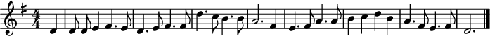 
music = {
    \language "english"
    {
        { \new PianoStaff <<
            { \new Staff <<
                \set Staff.midiInstrument = "violin"
                \relative c' {
                    \autoBeamOff
                    \set Score.tempoHideNote = ##t \tempo 4 = 100
                    \key g \major
                    \time 4/4 \numericTimeSignature
                    
                    \partial 4 \stemUp d4 |
                    d8 d e4 fs4. e8 |
                    d4. e8 fs4. fs8 |
                    \stemDown d'4. c8 b4. b8 |
                    
                    \stemUp a2. fs4 |
                    e4. fs8 a4. a8 |
                    \stemDown b4 c d b |
                    \stemUp a4. fs8 e4. fs8 |
                    d2.
                    \bar "|."
                }
            >> }
        >> }
    }
}
\header {
    tagline = "" % no footer
}
\score {
  \music
  \layout { }
}
\score {
  \unfoldRepeats {
    \music
  }
  \midi { }
}
