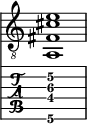  
<<
  %\override Score.BarLine.break-visibility = ##(#f #t #t)
  \time 1/1
    \new Staff  {
    \clef "treble_8"
        \once \override Staff.TimeSignature #'stencil = ##f
        <a,  fis cis' e' >1
    }

     \new TabStaff {
       \override Stem #'transparent = ##t
       \override Beam #'transparent = ##t 
      <a,\6  fis\4 cis'\3 e'\2 >1
  }
>>
