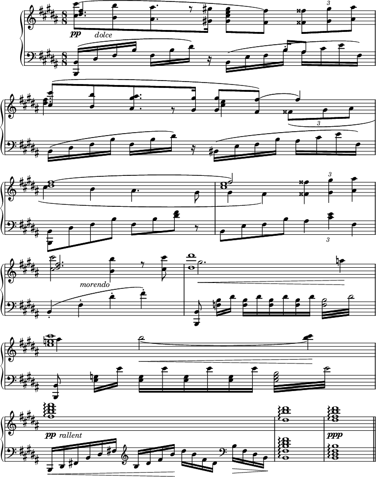 
\version "2.20.0"


\header {
  title = "VII"
  subtitle = "LA MORT D’YSEULT"

  composer = "WAGNER."
}
  \layout {
  indent = #10  
  %ragged-last = ##ttt
  }
{

    \new PianoStaff = "piano" \with { instrumentName = ""}  <<
      \new Staff = "upper" { \relative c'  {\key b \major \autoBeamOff \set Staff.midiInstrument = #"piano"
         \time 8/8 \override Staff.Rest.style = #'classical \override TupletBracket.bracket-visibility = ##f \omit Score.BarNumber
% Ligne 1
    << \relative c'{ \stemDown <cis' cis'(>8[\pp <b b'>_\markup { \right-align \italic dolce } <ais ais'>8. <gis! gis'!>16] <gis cis e gis>8[ <fis fis')>] \tupletUp \tuplet 3/2 {<fisis fisis'> <gis gis'> <ais ais'>} \break 
% Ligne 2
   \override NoteColumn.force-hshift = #-1.7 <dis fis>4. \once \override Rest.staff-position = #-2 r8 \once \override NoteColumn.force-hshift = #1.6 <cis e>4 \tupletDown \tuplet 3/2 {fisis,8_( [gis ais]} \break 
% Ligne 3
    \stemDown cis4 b ais4. gis8 | \override NoteColumn.force-hshift = #.7 gis4 fis) \override TupletBracket.bracket-visibility = ##f \tupletUp \tuplet 3/2 {<fisis fisis'> <gis gis'> <ais ais'>} \break
% Ligne 4
    <cis cis'>2 <b b'>4_\markup { \right-align \italic morendo } r8 <cis cis'> |  gis'2.\< a4\! | \break
% Ligne 5
     ais b2\<_( <b cis>4\!) \break| \omit Staff.TimeSignature \time 9/8 s1*9/8 | 

        } 
    \\  
% Ligne 1
    \relative c'{ \stemUp <dis' fis>4. \once \override Rest.staff-position = #5 r8  s2 |
% Ligne 2
    <cis cis'>8[^( <b b'> <ais ais' gis>8. 
                  <gis gis'>16] <gis gis'>8[ <fis fis'^(>]) fis'4) 
% Ligne 3
    <<  {\voiceOne <dis fis(>1  \override NoteColumn.force-hshift = #.7 fis2)} \new Voice {\voiceTwo s1 <cis e>1} >> 
    

% Ligne 4
    \override NoteColumn.force-hshift = #1.8 <dis fis>2. s4 \override NoteColumn.force-hshift = #-1.4 <dis dis'>1 

% Ligne 5 
   <e g cis>1 
% Ligne 6 
    <fis b dis fis>1*9/8\arpeggio\pp _\markup {  \halign #-2 \italic rallent } | <dis b' dis>\arpeggio | <dis fis b dis>\arpeggio\ppp|
   
} >>
  \bar "||"  
    
 

} }
      \new Staff = "lower" { \override TupletBracket.bracket-visibility = ##t
        
        \relative c  {\clef "bass" \key b \major \set Staff.midiInstrument = #"piano" 
% Ligne 1
    <b, b'>16[( dis' fis b] fis[ b dis)] r 
    << { \voiceOne \stemDown b,[( e fis  b-.] ais[ cis e fis,)] }
       \new Voice {\voiceTwo \stemUp s8 s16 b[ ais8]} >> \oneVoice |
% Ligne 2    
    b,16([ dis fis b] fis[ b dis)] r bis,([ e fis b] ais[ cis e fis,)]
% Ligne 3  
    \stemDown <b,, b'>8[ dis' fis b] fis[ b <dis fis>] r | b,[ e fis b] \override TupletBracket.bracket-visibility = ##f \tuplet 3/2 {ais4 <cis e> fis,}
% Ligne 4  
    \stemUp b,(-. \stemDown fis'-. dis'-. fis)-. | 
    \stemUp <b,,, b'>8 \stemDown <f'' b>16[ dis']  
    <f, b>[ dis' <f, b> dis' <f, b> dis'] \repeat tremolo 8 {<f, b>32*3/4 dis'} |
% Ligne 5  
    \stemUp <b,, b'>8 \stemDown <e' g>16[ e'] 
    <e, g>[ e' <e, g> e' <e, g> e'] \repeat tremolo 8 {<e, g b>32*3/4 e'} |
% Ligne 6  
    \omit Staff.TimeSignature \stemUp b,,16[\< dis  fis! b dis fis!] \clef treble b16[ dis fis b]\!
    \stemDown dis[ b fis dis] \clef bass b16[\> fis dis b]\!  | 
    <b fis' b dis fis>1*9/8\arpeggio | <b dis fis b>\arpeggio  }
}
>>
}
