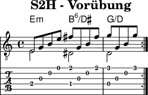 
\version "2.20.0"
\header {
  title="S2H - Vorübung"
  encoder="mjchael"
}
%Diskant- bzw. Melodiesaiten
myDiskant = {
  e8 g b e'
  fis' g b fis'
  g' g b g'
}
%Basssaiten, die hier nur mit dem Daumen gespielt werden.
myBass = {
  e2 dis d
}
% Layout- bzw. Bildausgabe
\score {
  <<
    \new ChordNames {
      \chordmode {
       e:m b:6/dis g/d
      }
    }
    {
      %Noten
      \new Staff  <<
        \tempo 4 = 60
        %Tempo ausblenden
        \set Score.tempoHideNote = ##t
        \time 4/4
        \key c \major
        \set Staff.midiInstrument = #"acoustic guitar (nylon)"
        \clef "G_8" \repeat volta 4

        \mergeDifferentlyHeadedOn
        % Noten im Diskant
        \myDiskant
        \\
        % Noten im Bass - beachte: Wiederholungszeichen ist für Midi notwendig!
        \repeat volta 4
        \myBass
      >>
    }
    % Tabulatur
    \new TabStaff {
     % \tabFullNotation \repeat volta 4
      <<
        % Tabulatur im Diskant
        \myDiskant
        \\
        % Tabulatur im Bass
        \myBass
      >>
    }
  >>
  \layout {}
}
% Midiausgabe mit Wiederholungen, ohne Akkorde
\score {
  <<
    \unfoldRepeats {
      \new Staff  <<
        \tempo 4 = 60
        \time 4/4
        \key g \major
        \set Staff.midiInstrument = #"acoustic guitar (nylon)"
        \clef "G_8" \repeat volta 4
        \myDiskant
        \\
        \repeat volta 4
        \myBass
      >>
    }
  >>
  \midi {}
}
% unterdrückt im raw="!"-Modus das DinA4-Format.
\paper {
  indent=0\mm
  % DinA4 0 210mm - 10mm Rand - 20mm Lochrand = 180mm
  line-width=80\mm
  oddFooterMarkup=##f
  oddHeaderMarkup=##f
  % bookTitleMarkup=##f
  scoreTitleMarkup=##f
}
