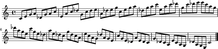 
{

\modalTranspose c c' { c des e g a } { c8 e g a } 
\modalTranspose c des' { c des e g a } { c e g a } 
\modalTranspose c e' { c des e g a } { c e g a } 
\modalTranspose c g' { c des e g a } { c e g a } 
\modalTranspose c a' { c des e g a } { c e g a } 
\modalTranspose c c'' { c des e g a } { c e g a } 
\modalTranspose c des'' { c des e g a } { c e g a } 
\modalTranspose c e'' { c des e g a } { c e g a } 
\modalTranspose c g'' { c des e g a } { c e g a } 

\modalInversion c e''' { c des e g a } { c e g a } 
\modalInversion c des''' { c des e g a } { c e g a } 
\modalInversion c c''' { c des e g a } { c e g a } 
\modalInversion c a'' { c des e g a } { c e g a } 
\modalInversion c g'' { c des e g a } { c e g a } 
\modalInversion c e'' { c des e g a } { c e g a } 
\modalInversion c des'' { c des e g a } { c e g a } 
\modalInversion c c'' { c des e g a } { c e g a } 
\modalInversion c a' { c des e g a } { c e g a } 
\modalInversion c g' { c des e g a } { c e g a } 
\modalInversion c e' { c des e g a } { c e g a } 
\modalInversion c des' { c des e g a } { c e g a } 

c'2

\bar "|."
}
