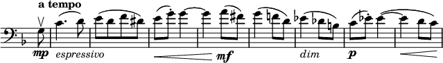 
\relative c' \new Staff \with { \remove "Time_signature_engraver" } {
 \key f \major \time 2/4 \tempo "a tempo" \partial 8 \clef bass
  g8\upbow \mp c4._\markup \italic espressivo ( d8) e( [ d f dis] ) e\< ( g-.) g4~
  g a8\mf( fis) g4( f!8 d) es4_\markup \italic dim ( des8 b) c\p ( es-.) es4~ ( es\< d8 c\! )
}
