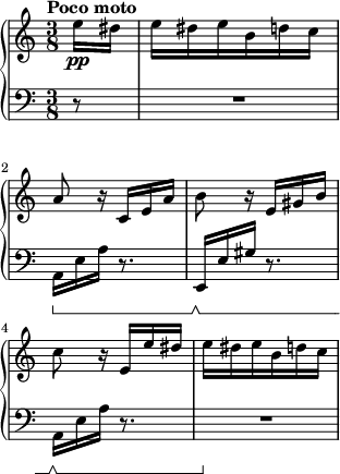 \new PianoStaff<<\time3/8\new Staff="up"{\tempo"Poco moto"4=70\set Score.tempoHideNote=##t\partial 8e''16\pp dis''e''dis''e''b'd''c''a'8r16c'e'a'b'8r16e'gis'b'c''8r16e'e''dis''e''dis''e''b'd''c''}\new Staff="down"{\clef bass\set Staff.pedalSustainStyle=#'bracket \partial 8r8R8*3a,16\sustainOn e a r8.e,16\sustainOff\sustainOn e gis r8.a,16\sustainOff\sustainOn e a r8.R8*3\sustainOff}>>%