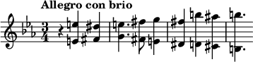 
\new Staff <<
  \relative c'{
  \clef treble
  \key ees \major
  \time 3/4
  \tempo "Allegro con brio" \tempo 2 = 80
  r4 <e e'> <fis dis'> <g e'>4. <fis fis'>8 <e g'>4 <dis fis'> <d b''> <cis ais''> <b b''>4. 
}
>>
