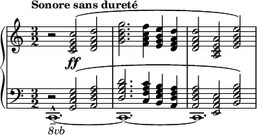 
    {
      \new PianoStaff <<
        \new Staff <<
            \relative c' {
                r2 <c e g c>(\ff <d f a d>
                <g b d g>2. <f a c f>4 <e g b e> <d f a d>
                <d f a d>2 <a c e a> <e' g b e>2)
                }
            >>
        \new Staff <<
            \new Voice \relative c {
                \stemUp \clef bass \key c \major \time 3/2 \tempo "Sonore sans dureté"
                r2 <g c e g>^( <a d f a>
                <d g b d>2. <c f a c>4 <b e g b> <a d f a>
                <a d f a>2 <e a c e> <b' e g b>)
                }
            \new Voice \relative c, {
                \stemDown
                c1.-^_--~_\markup { \italic "8vb" } c~ c
                }
            >>
    >> }
