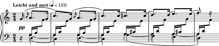 \new PianoStaff \with {\override StaffGrouper.staff-staff-spacing = #'( (basic-distance . 4) (padding . 4) )}
<<
\new Staff = "up" \relative c'' {\time 2/4 \tempo "Leicht und zart" 4=132 \partial 4. \slurUp \stemUp \shape #'((0 . 1.5) (0 . 0) (0 . 0) (0 . 1.5)) Slur g16*2( \slashedGrace b8 a8. g16 c8.) \shape #'((0 . 1.5) (0 . 0) (0 . 0) (0 . 1.5)) Slur g16( \slashedGrace b8 a8. g16 c8.) c16( cis8.) cis16( d8.) d16( e8.) e16( f8) r16 s16}
\new Dynamics {s16*2\pp}
\new Staff = "down" \relative c {\clef bass \time 2/4 r16*2 <<
\relative c'{g16 b \change Staff = "up" \once \stemDown f'8 \change Staff = "down" g,16 c \once \change Staff = "up" \once \stemDown e8
\change Staff = "down" g,16 b \change Staff = "up" \once \stemDown f'8 \change Staff = "down" g,16 c \once \change Staff = "up" \once \stemDown e8
\change Staff = "down" a,16 cis \change Staff = "up" \once \stemDown e8 \change Staff = "down" a,16 d \once \change Staff = "up" \once \stemDown f8
\change Staff = "down" a,16 cis \change Staff = "up" \once \stemDown g'8 \change Staff = "down" a,16 d \once \change Staff = "up" \once \stemDown f8 }
\\
\relative c'{\stemDown \shape #'((1.2 . 0.5) (0 . 0) (0 . 0) (0 . 0)) Tie g4~ g \shape #'((1.2 . 0.5) (0 . 0) (0 . 0) (0 . 0)) Tie g~ g \shape #'((2.0 . 0.2) (0.4 . 0) (0 . 0) (0 . 0)) Tie a~ a \shape #'((1.0 . 0.5) (0 . 0) (0 . 0) (0 . 0)) Tie a~ a}
\\
\relative c {\slurDown \stemDown \override NoteColumn.force-hshift = #0.4 d4( c) d( c) \override NoteColumn.force-hshift = #1.0 g'( \override NoteColumn.force-hshift = #0.4 f e d)} >>
}
>>
