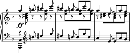 
 \relative c' {
  \new PianoStaff <<
   \new Staff \with { \remove "Time_signature_engraver" } {
    \key d \minor \time 6/8 
     <<
      {
       a''4\ff b8 cis4 e8 cis4 b8~ b e b a4 e8~ e a g
      }
     \\
      {
       b,8\rest <e cis a> b\rest b\rest <a' e> b,\rest b\rest
       <a' e>[ b,\rest <a' e> b,\rest <a' e>] b,\rest <e cis>[ b\rest <cis a> b\rest <e cis>]
      }
     >>
   }
   \new Staff \with { \remove "Time_signature_engraver" } {
    \key d \minor \time 6/8 \clef bass
     <<
      { r4 \clef treble b8 cis4 e8 cis4 b8~ b e b a4 e8~ e a g }
     \\
      { <a,, a,>4 s2 s2. s2. }
     >>
   }
  >>
 }
