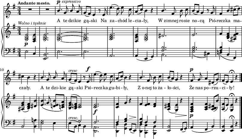 
sVarB = { <g b e>2_\p^\markup { \halign #-0.5 \small \italic "Wolno i tęsknie" } <fis a e'>4 | <g b e>2. | <g~ b^~ e~> | <g b e> | <a c e> | <fis c' e>4 <g b e>2 | \crossStaff { dis'2. | e | fis4 } <b, d fis>( <ais e' fis>) | <ais e' g>( <b d fis>) <dis b'> | % w1
<e b'>4.( g8 <d! e b'>[<c! e a>]) | <b e g>^([<b d! fis>] \crossStaff { <c e>2) | <c e>2._\f | <c fis>4 g' } r | % w2
\crossStaff { fis <e fis> <d fis> } | <a dis fis>( <g e'>_\>) r | <fis a c fis>\!_\p <a c fis> <a b dis>8([b']) | <a, fis'>([e']) <g, e'>4\fermata r \bar "|." }

sVarA = { R2.*2 | \stemUp b4.^\p^\markup { \halign #-1.5 \small \italic "expressivo" } g8 b \stemNeutral a | g([fis]) e4 r8 e | e'4.( d8) e c | \stemUp a8([c]) \stemNeutral b4 r | \stemUp b4. \stemNeutral fis8 b c | b([a]) g4 r8 g | fis4 \stemUp b \stemNeutral cis8([d]) | cis4 b r | % w1
\stemUp b4. g8 b \stemNeutral a | g^\markup { \small \italic "cresc" } ([fis]) e4 r8 e^\f | e'4.( d8) e c | \stemUp a([c]) \stemNeutral b4 r | % w2
\stemUp b4. \stemNeutral fis8 b c | b([a]) g4 r | fis8^\p g a4 dis,8([g]) | fis([e]) e4\fermata r \bar "|." }

lVarA = \lyricmode { A te dzi -- kie gą -- ski Na za -- chód le -- cia -- ły, W_zi -- mnej ro -- sie no -- cą Pió -- recz -- ka ma -- cza -- ły. A te dzi -- kie gą -- ski Pió -- recz -- ka gu -- bi -- ły, Z_o -- nej to ża -- ło -- ści, Że nas po -- rzu -- ci -- ły! }

sVarC = { e2 c4 | <e, b'>2. | e'_~ | e | a, | a4( e g) | << { \voiceTwo b2. | e2( cis4) | d!( } \new Voice { \voiceOne \crossStaff { <fis b>2. | <g b> | <fis b>4 } } >> \oneVoice b, fis) | b2 <b a'!>4 | % w1
<e g>2 e4 | \stemDown e8^\markup { \small \italic "cresc." } ([b] \stemNeutral << { \voiceTwo c4) b | <d, a'>2. | <d d'>4 <g d'> } \new Voice { \voiceOne \crossStaff { g'2 | fis2. | fis4 <g b> } } >> \oneVoice fis,8^\>([e\!]) | % w2
<< { \voiceOne \crossStaff { <fis' b>4 fis fis } } \new Voice { \voiceTwo <d, d'> <c c'> <b b'> } >> | \oneVoice <e b'>2 fis8([g]) | a4( fis b) | <e, b'> <e b'>\fermata r \bar "|." }

\paper { #(set-paper-size "a3")
 oddHeaderMarkup = "" evenHeaderMarkup = "" }
\header { tagline = ##f }
\version "2.18.2"
\score {
\midi {  }
\layout { line-width = #200
\context { \PianoStaff \consists #Span_stem_engraver } indent = 0\cm}
<<
  \new Staff { \clef "violin" \key g \major \time 3/4 \tempo \markup { \small \bold "Andante mesto." } \autoBeamOff \relative b' { \sVarA } }
  \addlyrics { \small \lVarA }
  \new PianoStaff <<
    \new Staff = "up" { \clef "violin" \key g \major \time 3/4 \relative g { \sVarB } }
    \new Staff = "down" { \clef "bass" \key g \major \time 3/4 \relative e { \sVarC } }
  >>
>> }