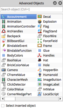 The advanced objects panel