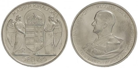 Fájl:Berán Lajos, 5 pengő - Horthy Miklós kormányzó 75. születésnapja, 1943, Alumínium; 36 mm.jpeg