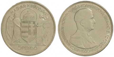 Fájl:Berán Lajos, 5 pengő - Horthy Miklós kormányzásának 10. évfordulója, 1930 Ag 640; 36 mm.jpeg