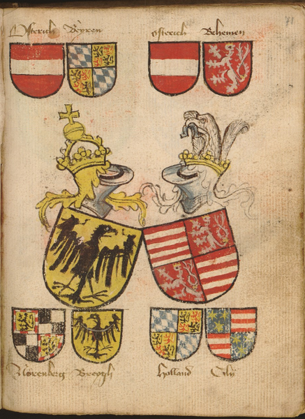 Fájl:Zsigmond német és magyar királyi címere Hendrik van Heessel címerkönyvéből, 1434-1457 k. fol. 71.png