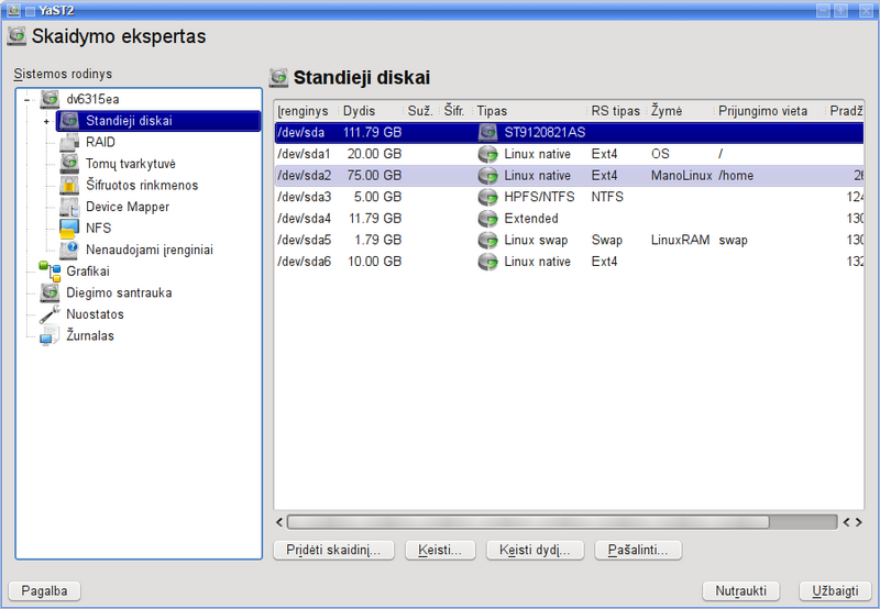 Vaizdas:OpenSUSE 112 YaST skaidymas - 1 standžiųjų diskų sąrašas.png