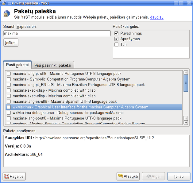 Vaizdas:OpenSUSE 112 YaST webpin paketų paieška.png