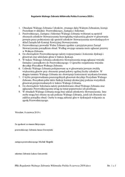 Plik:Regulamin Walnego Zebrania Wikimedia Polska 8 czerwca 2019.pdf