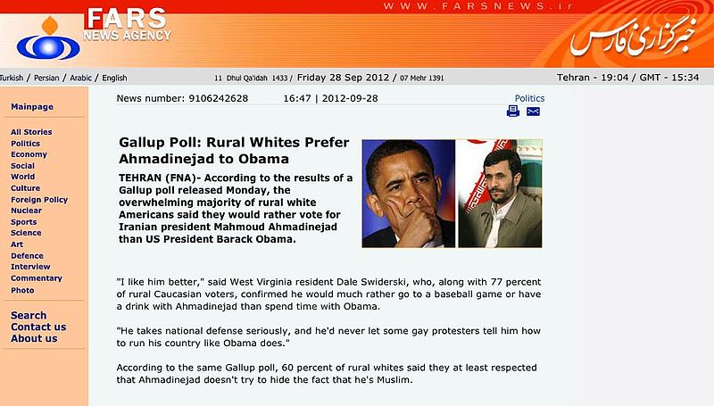 File:FARS News Agency 'Gallup Poll Rural Whites Prefer Ahmadinejad To Obama' - 2012-09-28.JPG