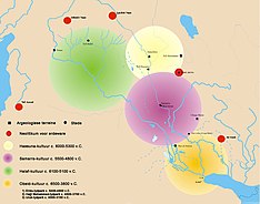 Die Halaf-beskawing (groen) naas dié van Samarra, Hassuna en Obeid.