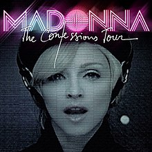 The face of a woman, made to look greenish. Her mouth is a little open as if she is saying something. Above her the name the word "The Confessions Tour" appear.