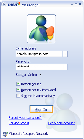 Interfejs za prijavljivanje na MSN Messenger 7.5