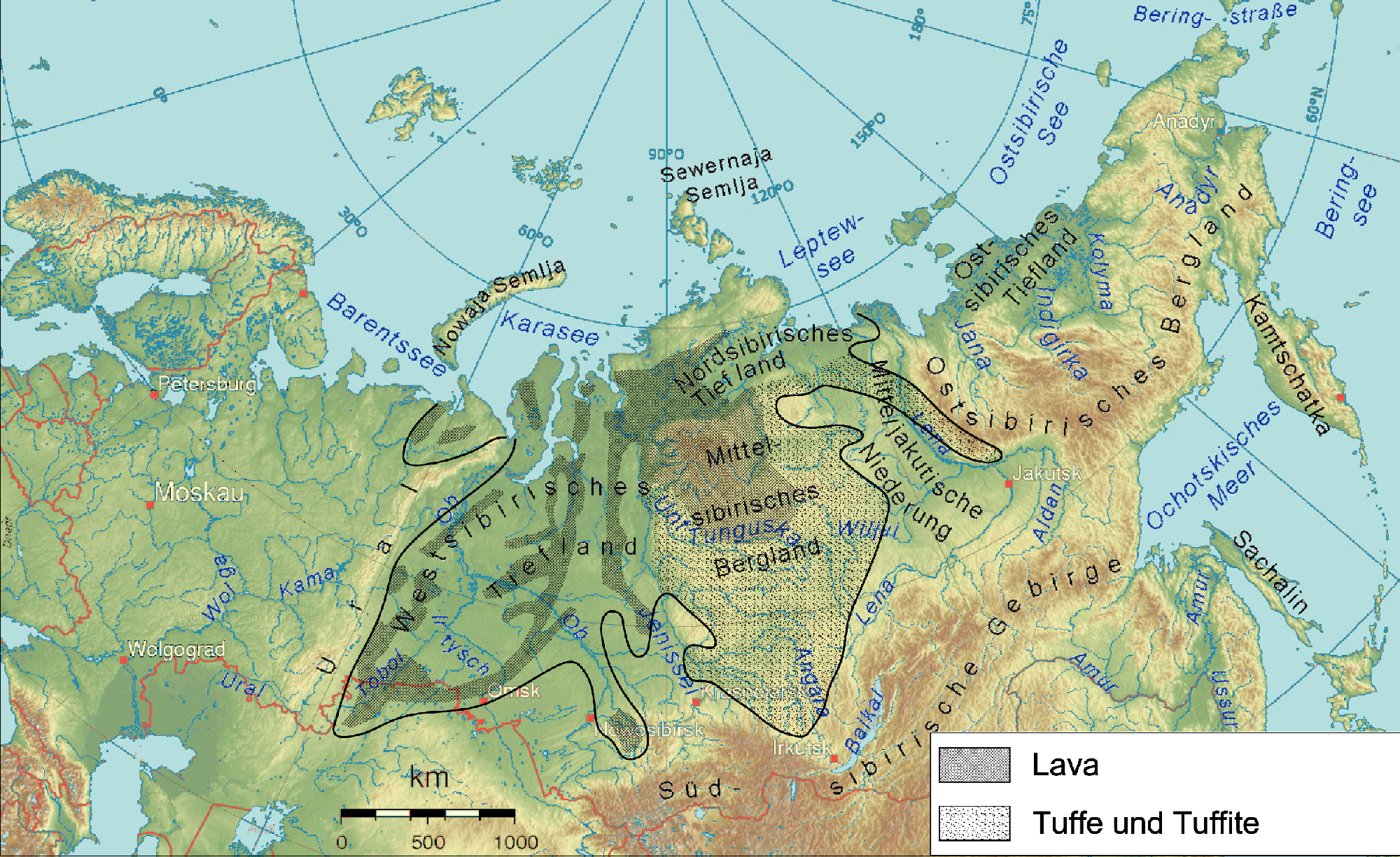 Extensión de las escaleras siberianas en un mapa actual.