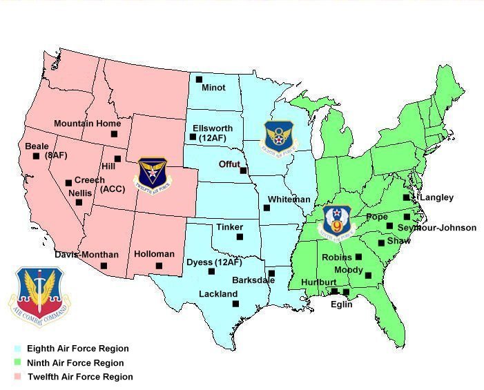 Commandement et principales bases aériennes de l'ACC aux États-Unis.