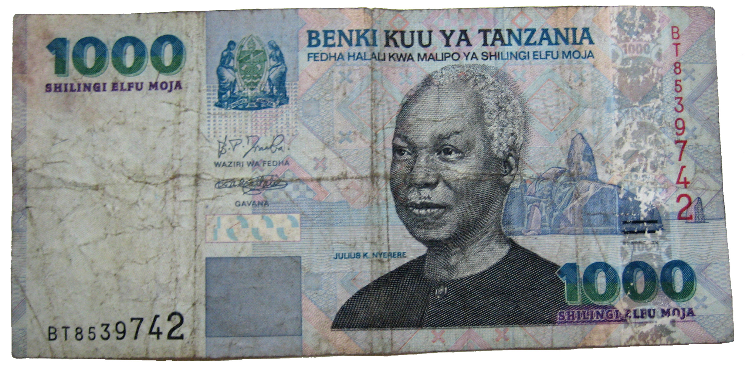 Nyerere's portrait on the Tanzanian shillings banknote of 1000.
