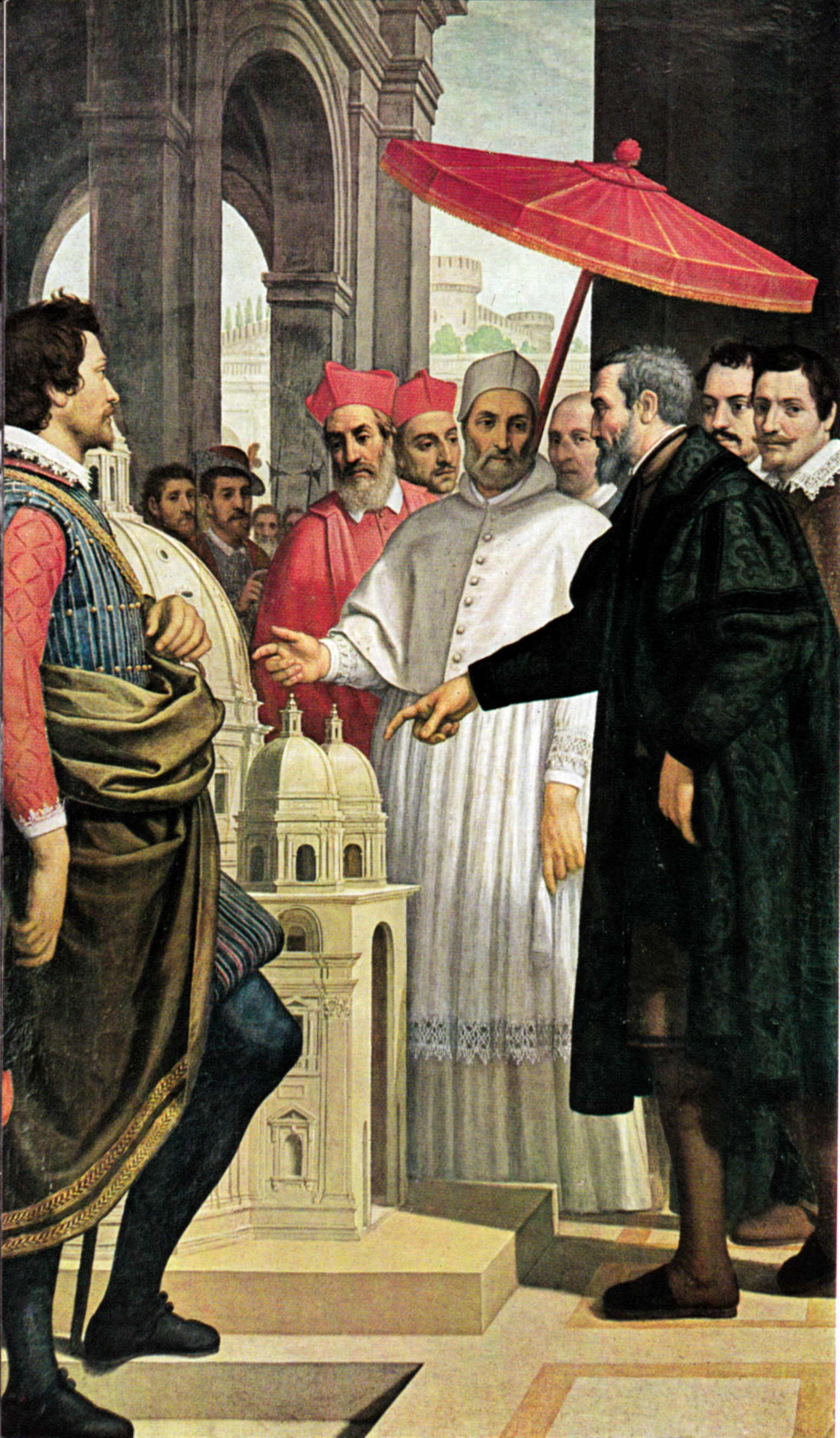 Domenico Passignano, Michelangelo mostra a Pio IV il modello della Basilica di San Pietro, 1619 ca. (olio su tela, 236 x 141 cm, Casa Buonarroti).