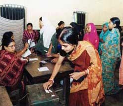 Women standing in line to vote in Bangladesh.