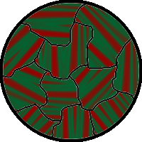 Kerr micrograph of a metal surface showing magnetic domains, with red and green stripes denoting opposite magnetization directions Weiss-Bezirke1.png