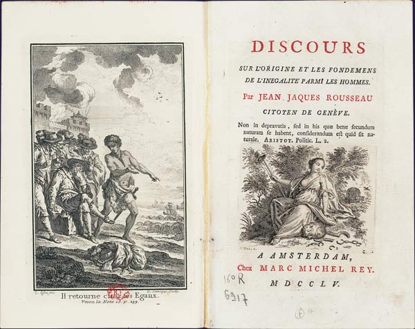 Frontispiece and title page of the book by Jean-Jacques Rousseau's "Discourse on the origins and foundations of inequality among men" (1754), published in 1755 in the Netherlands.