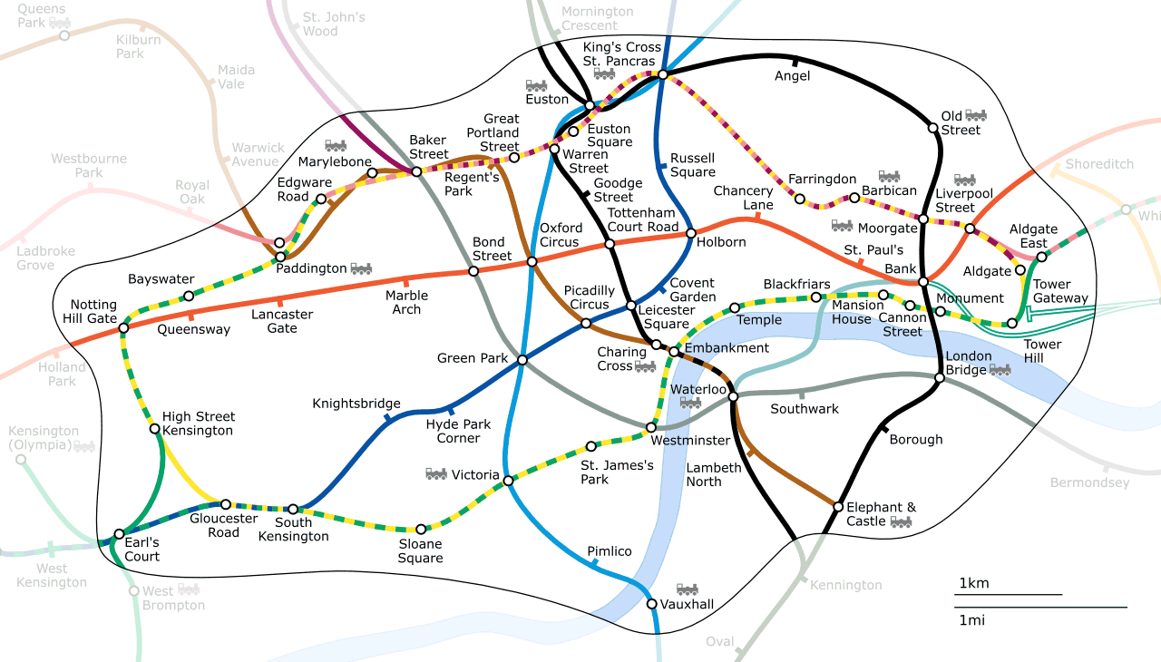 A non-standard map of Londons Underground Zone 1 (city centre) - courtesy of Wikipedia